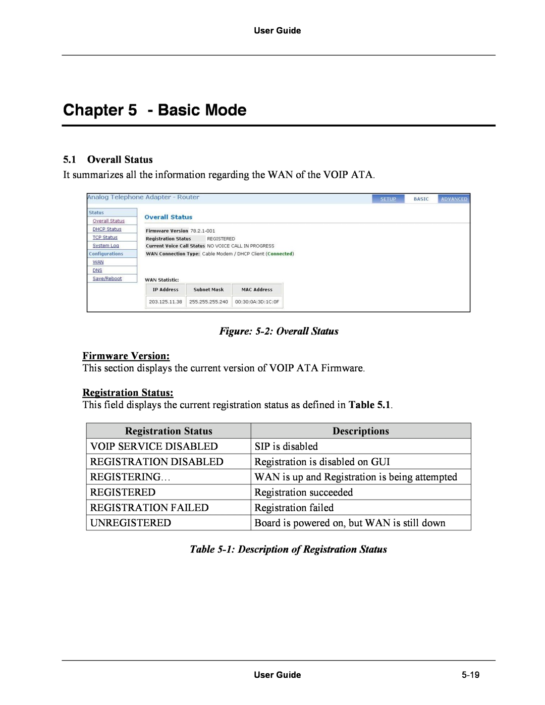 Netopia Network Adapater manual Basic Mode, 2 Overall Status, Firmware Version, Registration Status, Descriptions 
