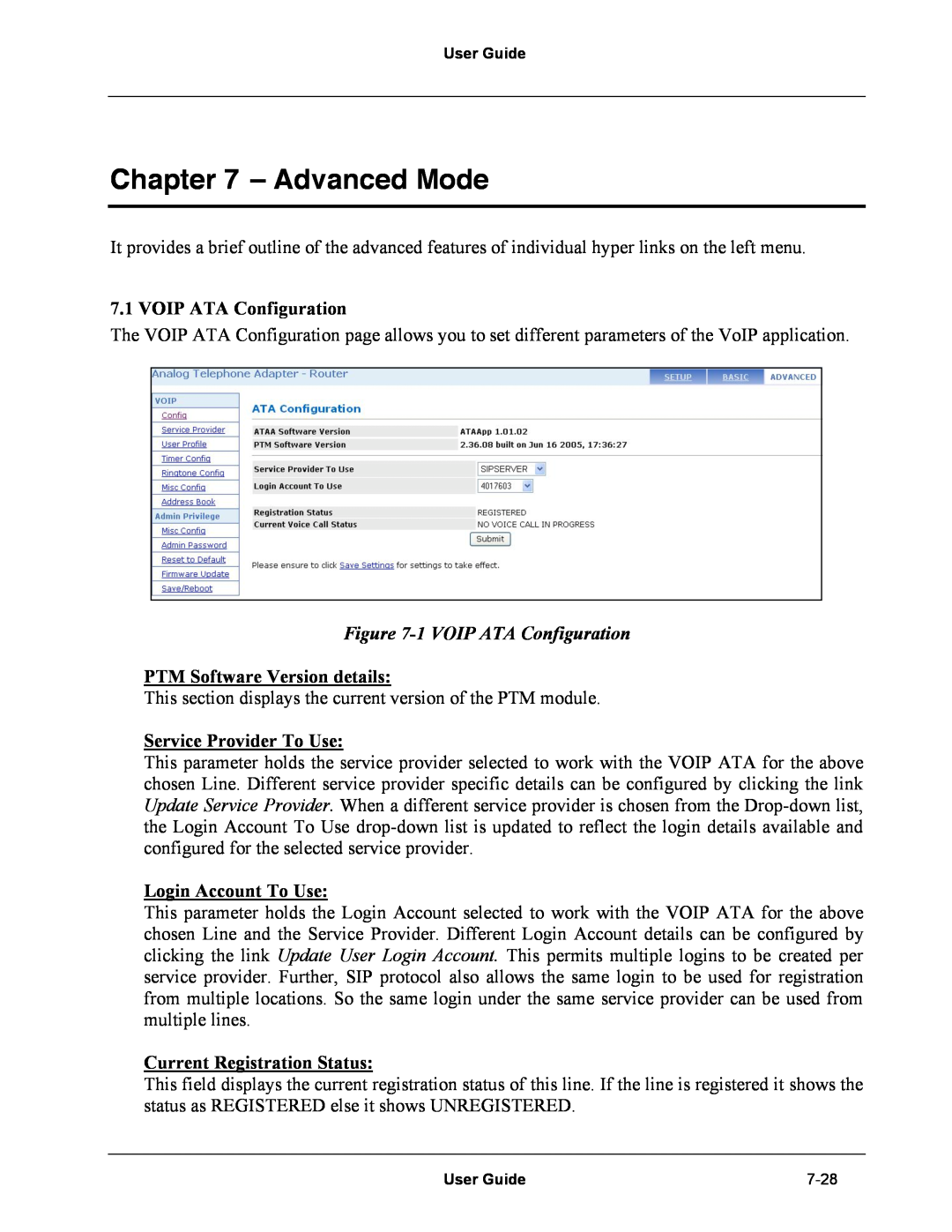 Netopia Network Adapater Advanced Mode, 1 VOIP ATA Configuration, PTM Software Version details, Login Account To Use 