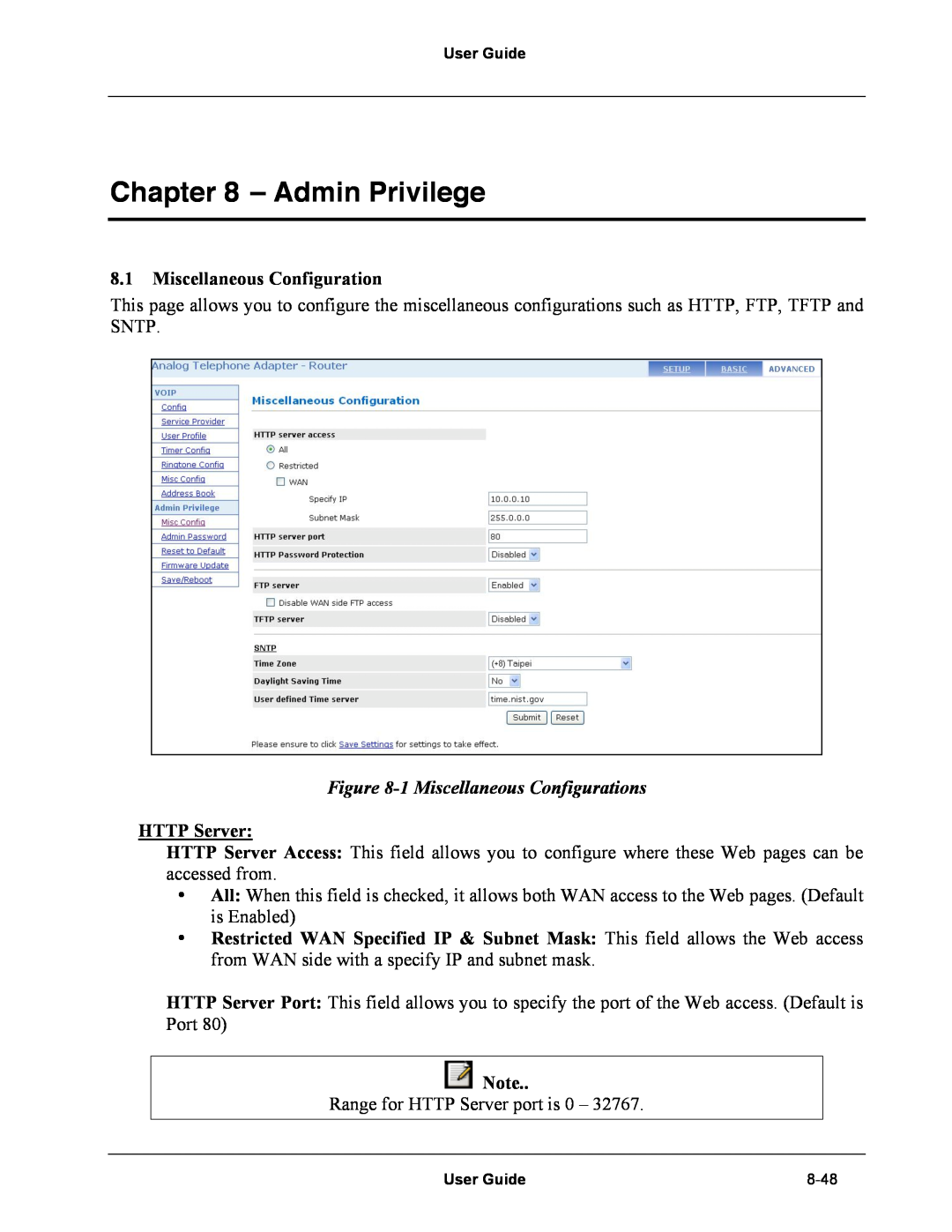 Netopia Network Adapater manual Admin Privilege, 1 Miscellaneous Configurations, HTTP Server 