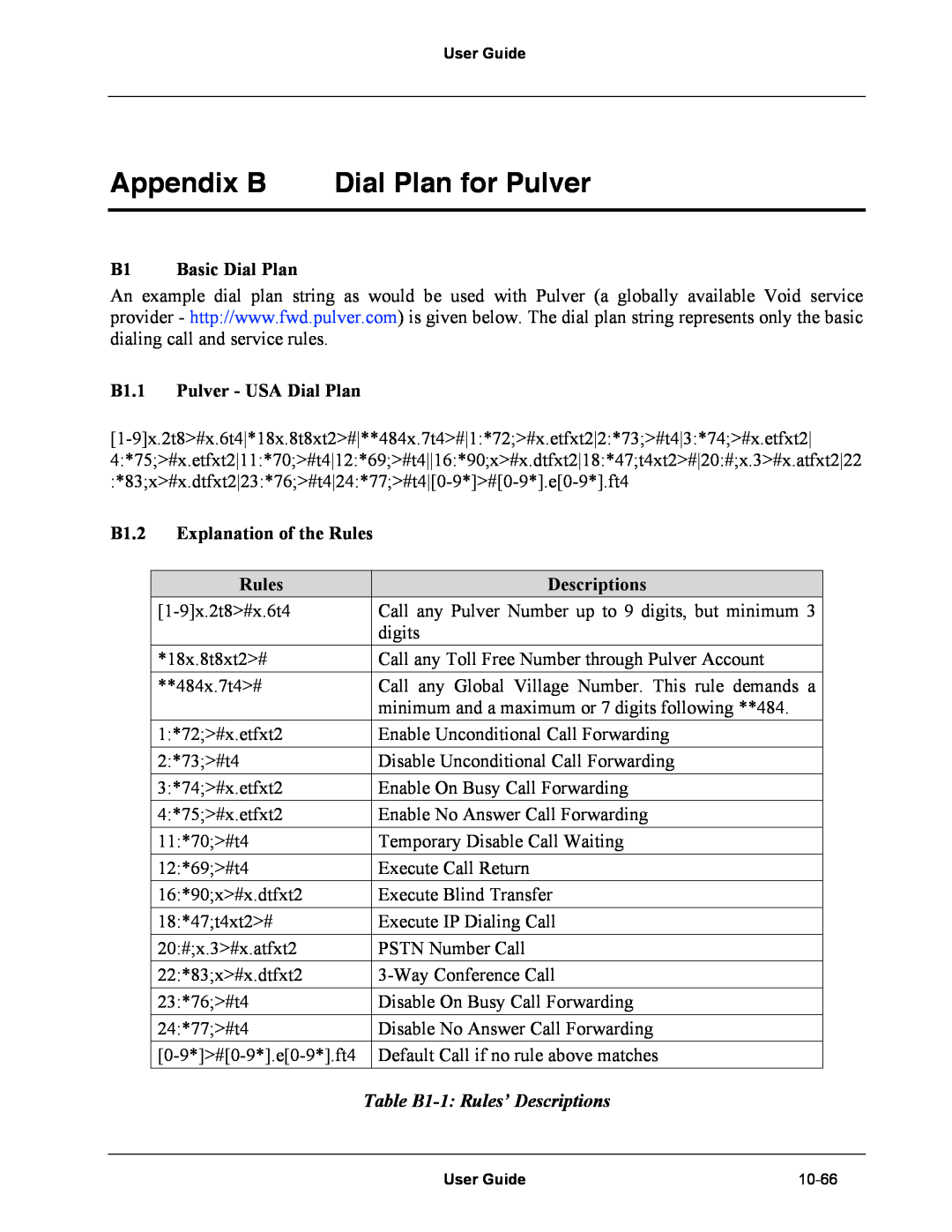 Netopia Network Adapater manual Appendix B Dial Plan for Pulver, B1 Basic Dial Plan, B1.1 Pulver - USA Dial Plan, Rules 