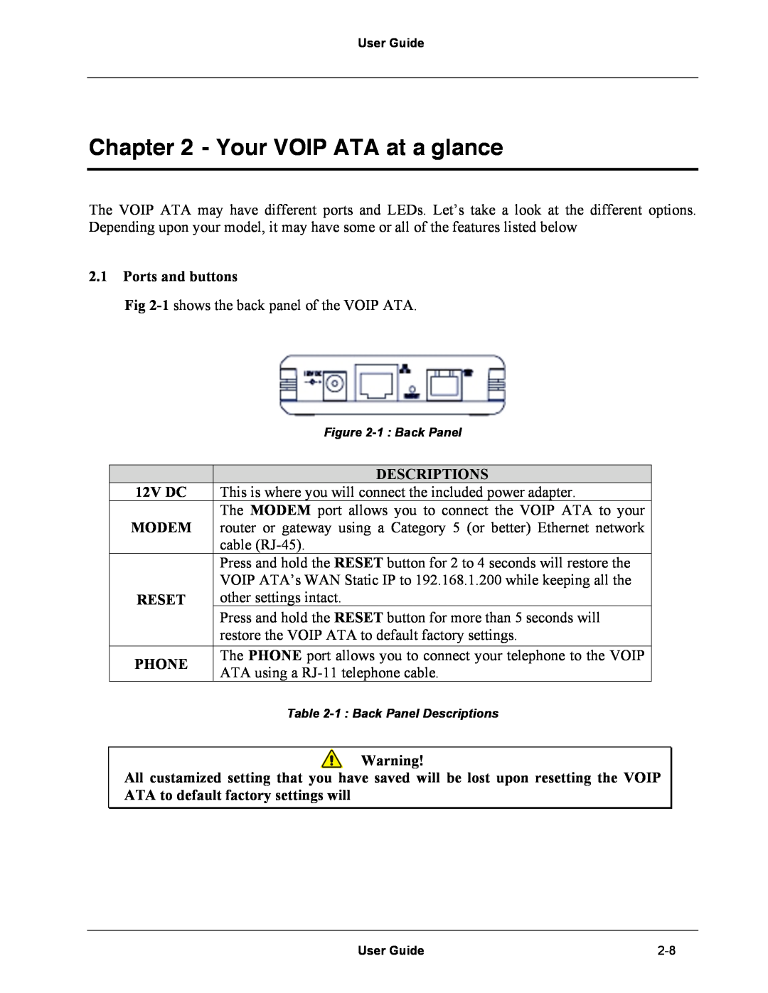 Netopia Network Adapater manual Your VOIP ATA at a glance, Ports and buttons, Descriptions, 12V DC, Reset, Phone 