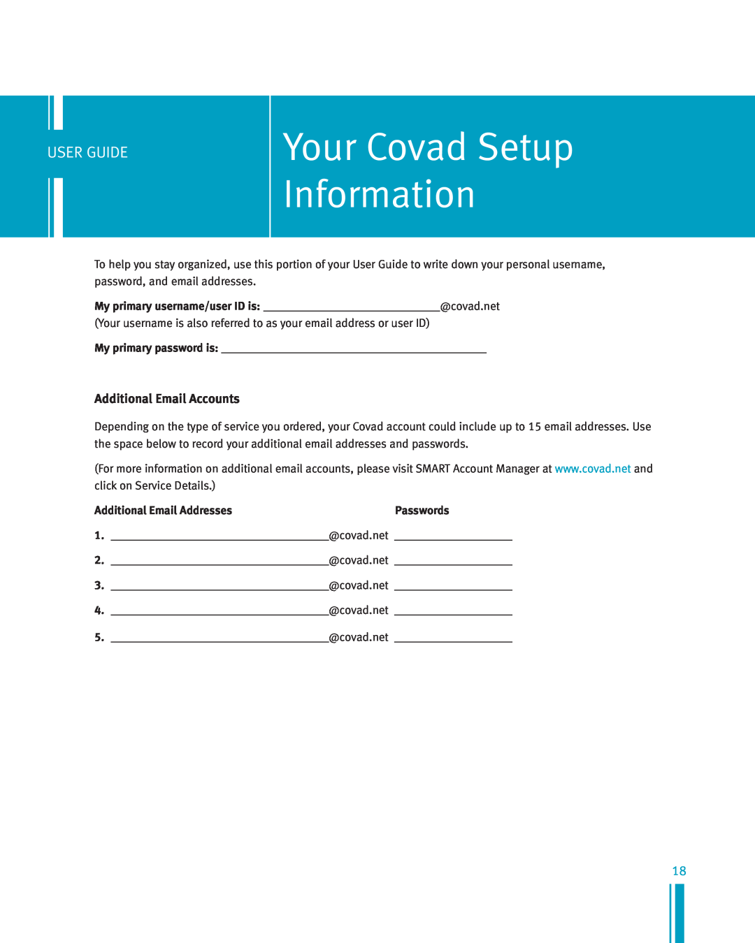 Netopia Network Adapte manual Your Covad Setup Information, Additional Email Accounts, User Guide 