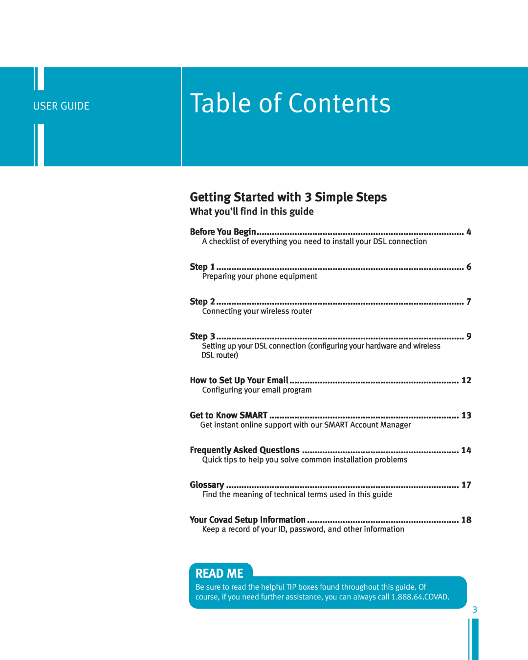 Netopia Network Adapte manual Table of Contents, Getting Started with 3 Simple Steps, Read Me, User Guide 