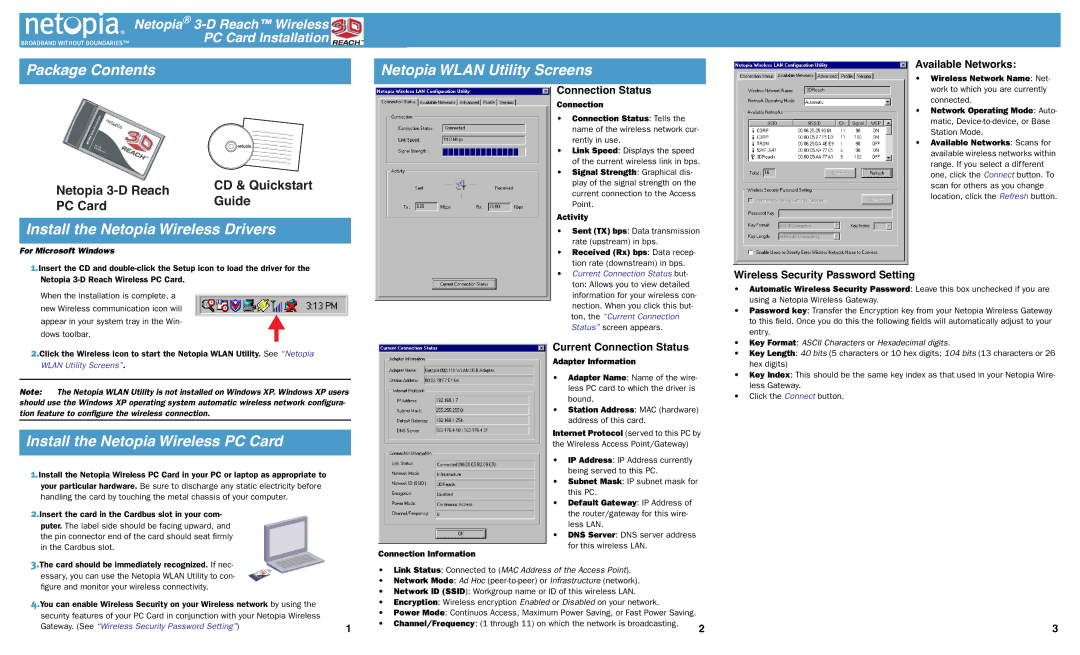 Netopia Network Card quick start Package Contents, Install the Netopia Wireless Drivers, Netopia Wlan Utility Screens 