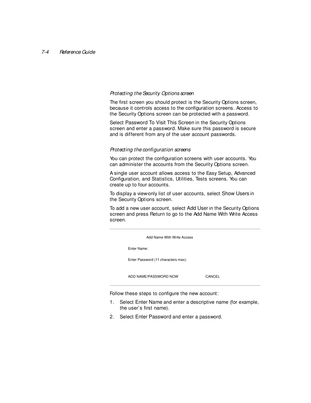 Netopia PN Series manual Reference Guide Protecting the Security Options screen, Protecting the conﬁguration screens 