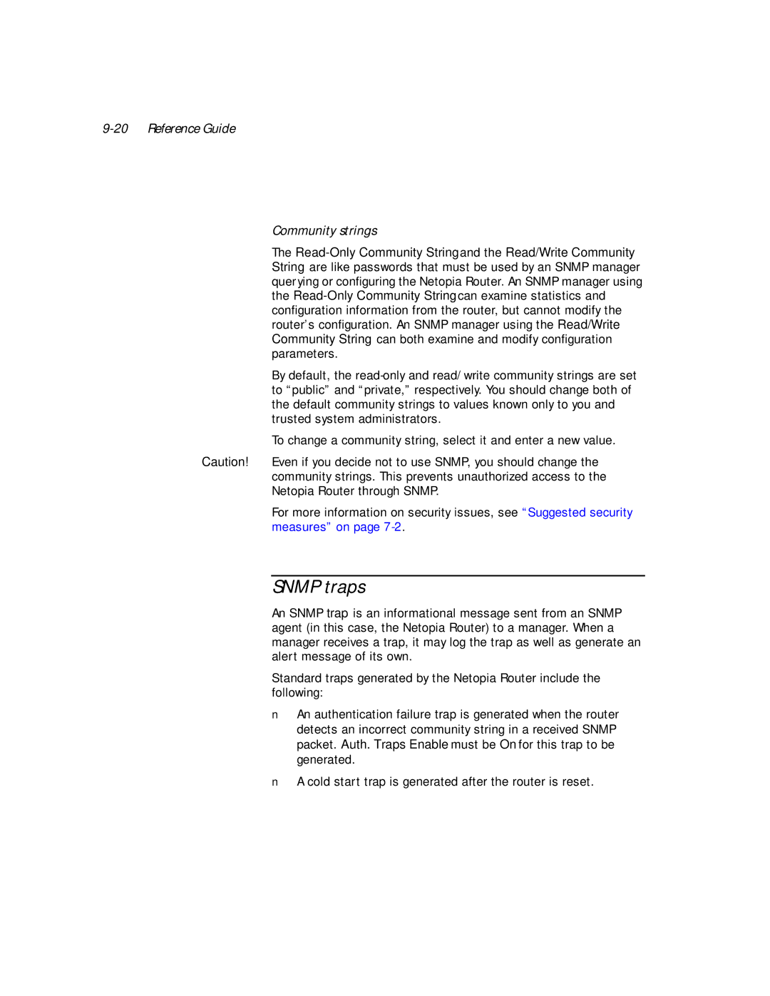 Netopia PN Series manual Snmp traps, Reference Guide Community strings 