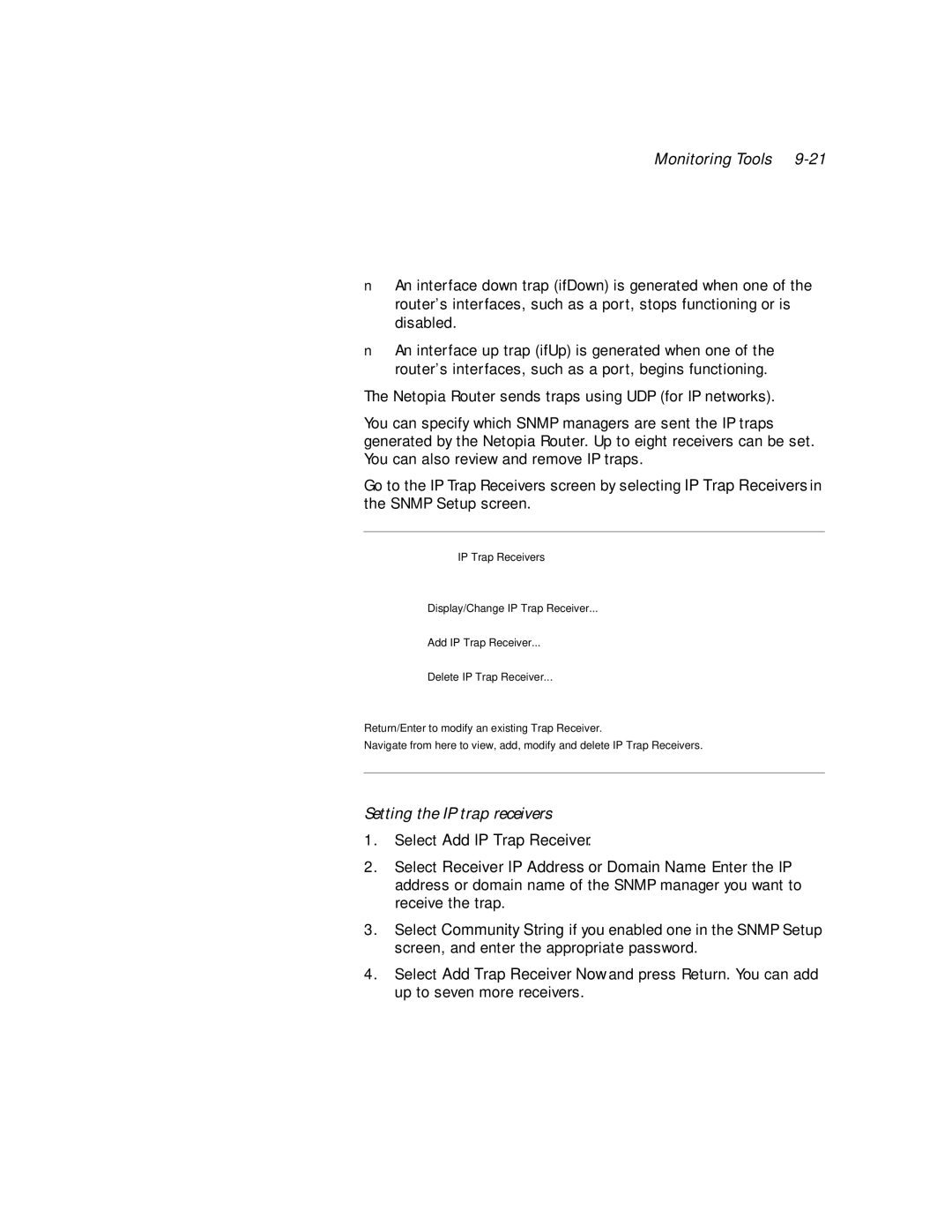 Netopia PN Series manual Setting the IP trap receivers 