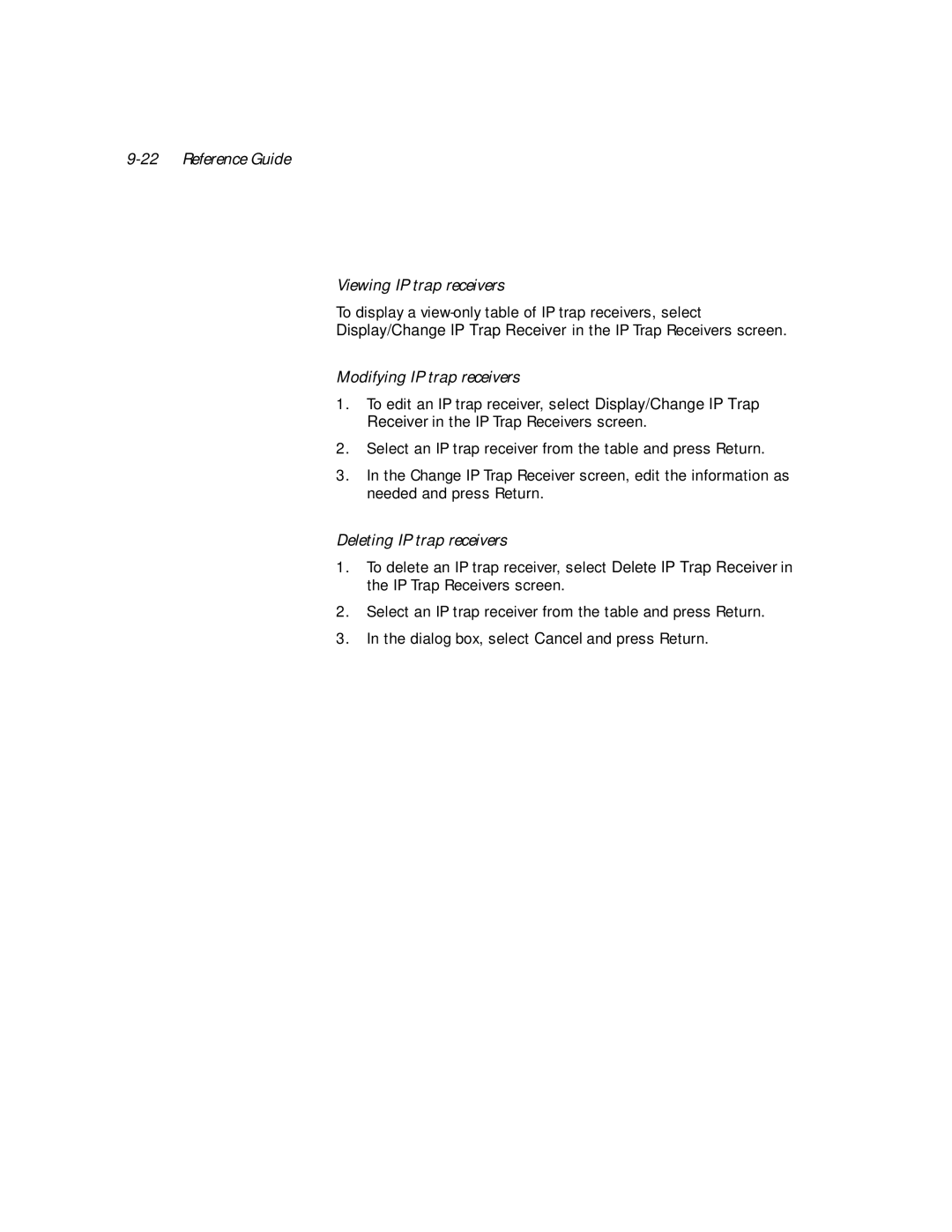 Netopia PN Series manual Reference Guide Viewing IP trap receivers, Modifying IP trap receivers, Deleting IP trap receivers 