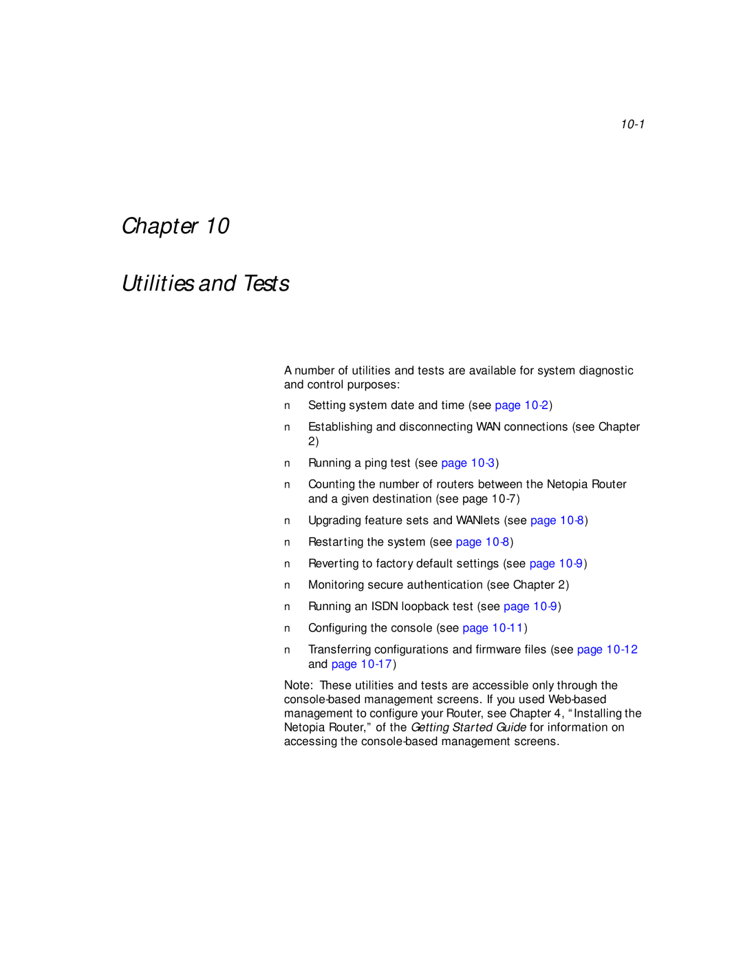 Netopia PN Series manual Chapter Utilities and Tests, 10-1 