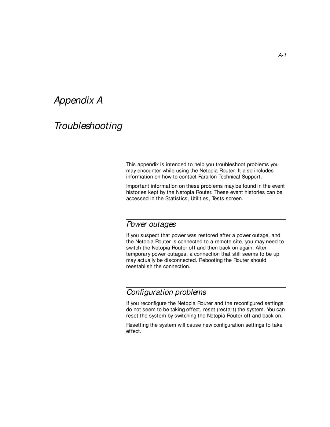 Netopia PN Series manual Appendix a Troubleshooting, Power outages, Conﬁguration problems 