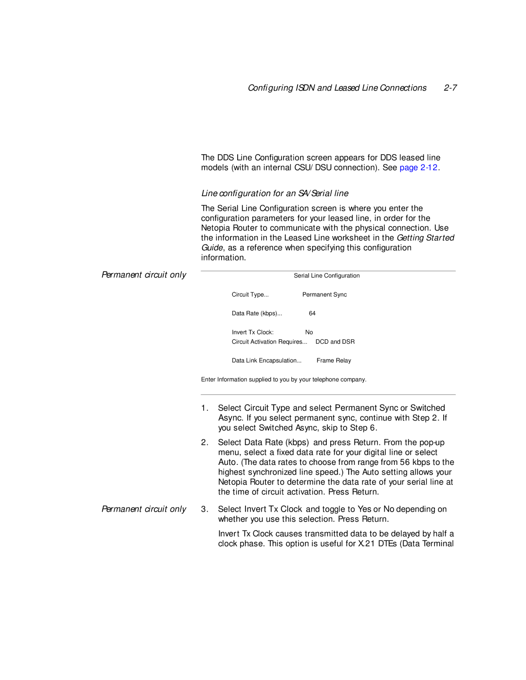 Netopia PN Series manual Line conﬁguration for an SA/Serial line, Permanent circuit only 