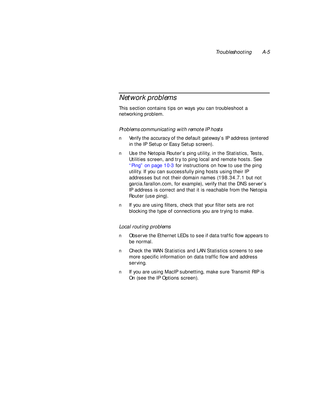 Netopia PN Series manual Network problems, Troubleshooting A-5, Problems communicating with remote IP hosts 