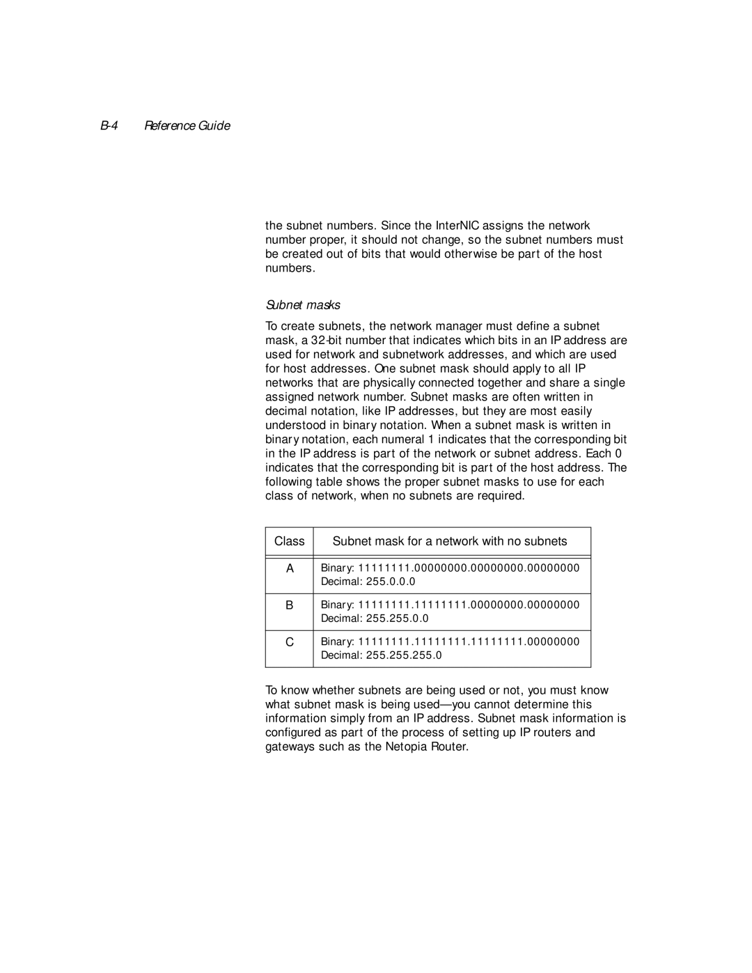 Netopia PN Series manual Subnet masks 