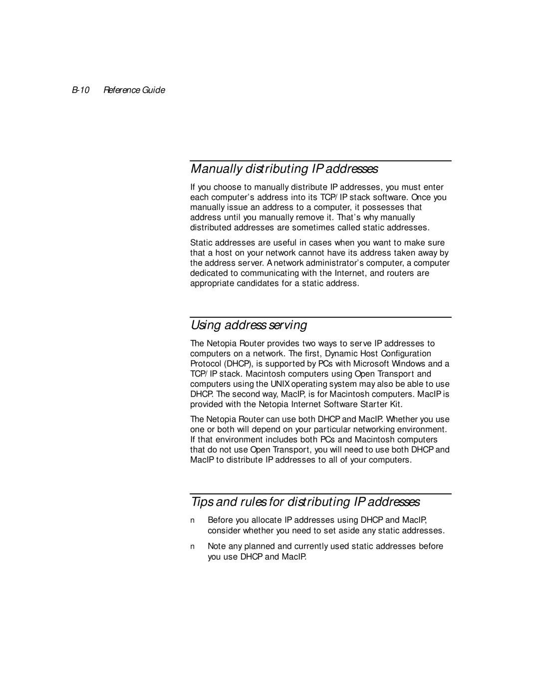 Netopia PN Series Manually distributing IP addresses, Using address serving, Tips and rules for distributing IP addresses 