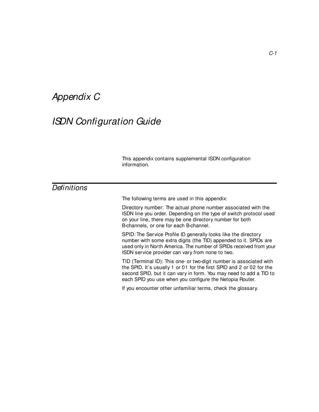 Netopia PN Series manual Appendix C Isdn Conﬁguration Guide, Deﬁnitions 