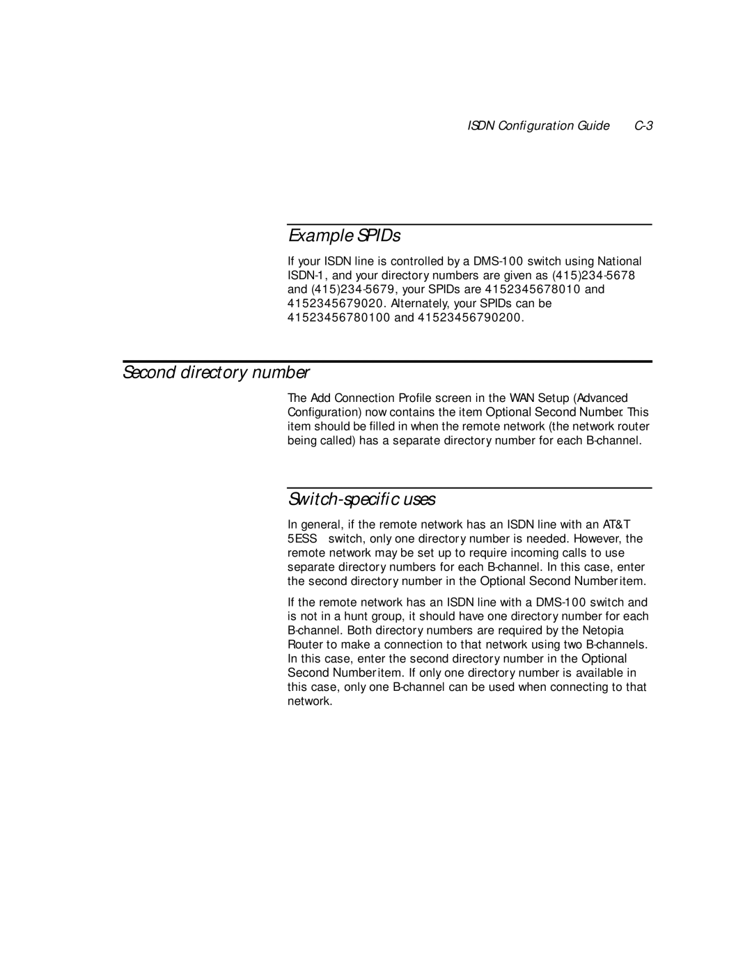 Netopia PN Series manual Example SPIDs, Second directory number, Switch-speciﬁc uses, Isdn Conﬁguration Guide 