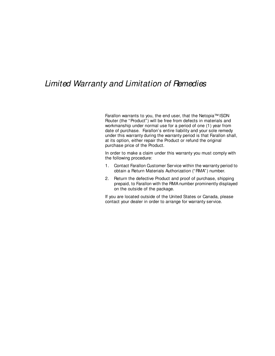 Netopia PN Series manual Limited Warranty and Limitation of Remedies 