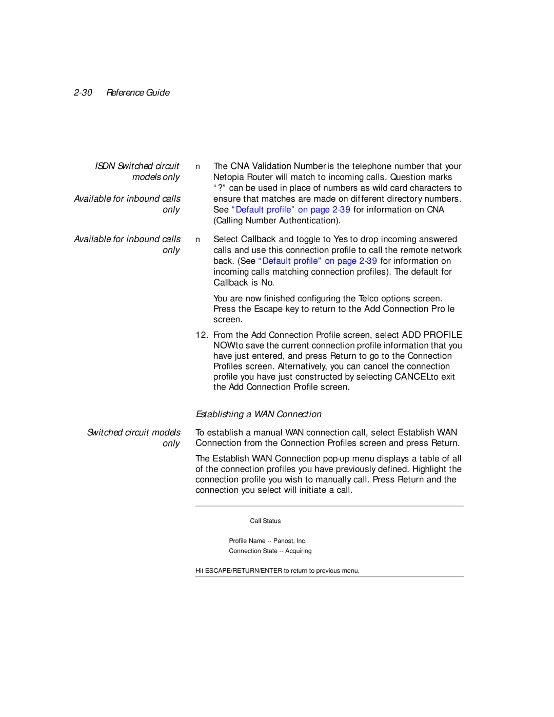 Netopia PN Series manual Reference Guide Isdn Switched circuit, Establishing a WAN Connection, Switched circuit models 