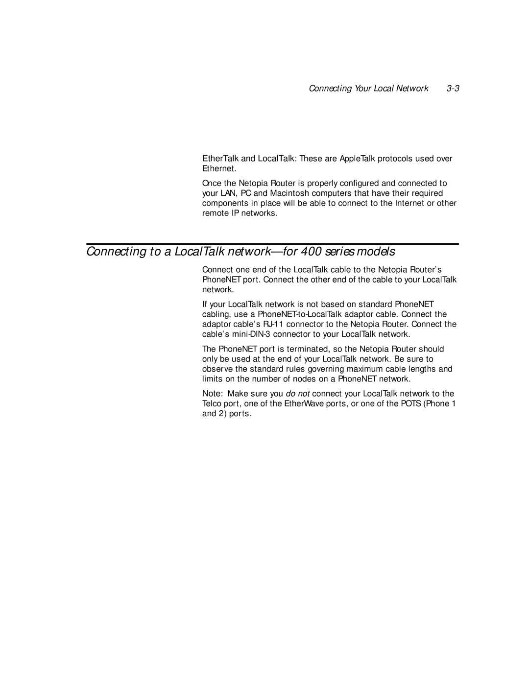 Netopia PN Series manual Connecting to a LocalTalk network-for 400 series models, Connecting Your Local Network 