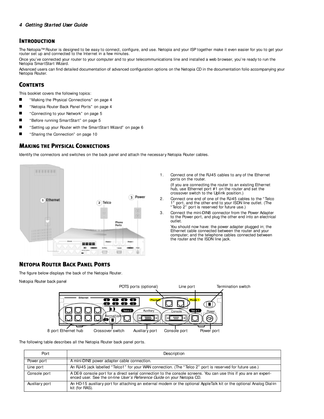 Netopia R-Series manual Introduction, Contents, Making the Physical Connections, Netopia Router Back Panel Ports 