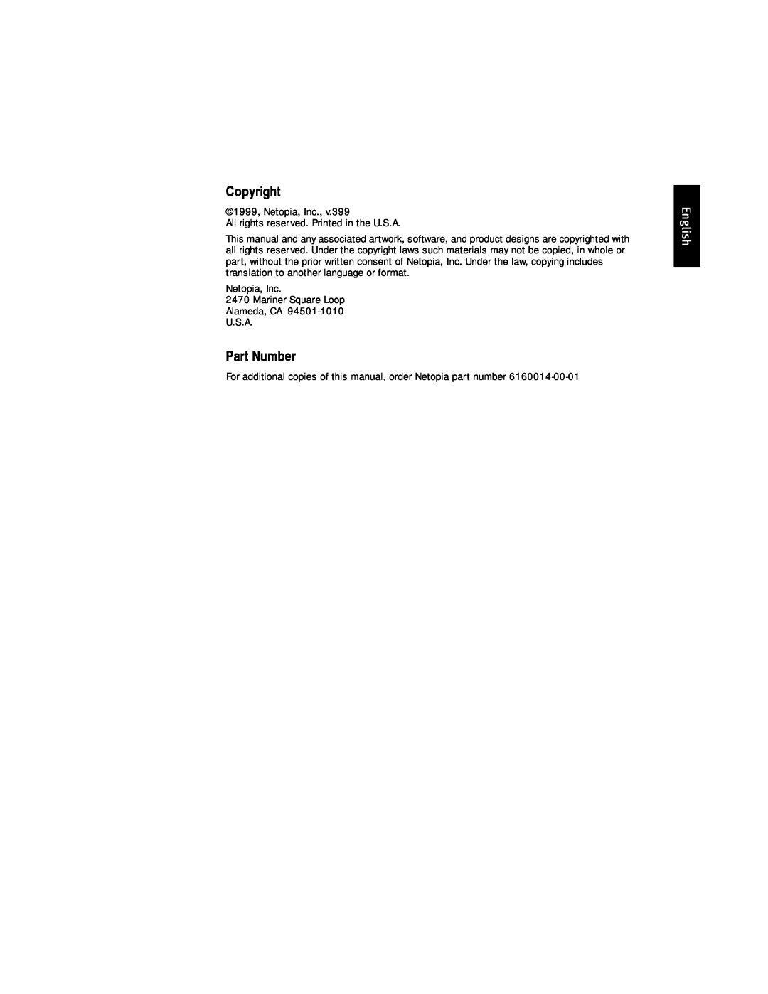 Netopia R-Series manual Copyright, Part Number, English 