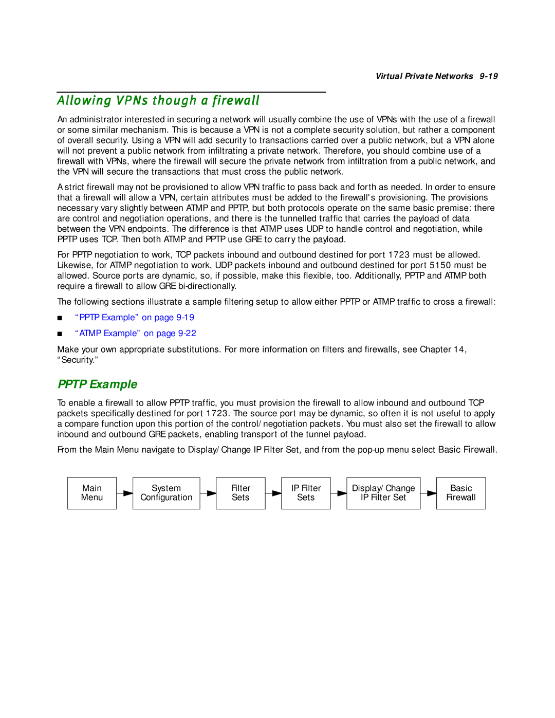 Netopia R2020 manual Allowing VPNs though a firewall, Pptp Example 