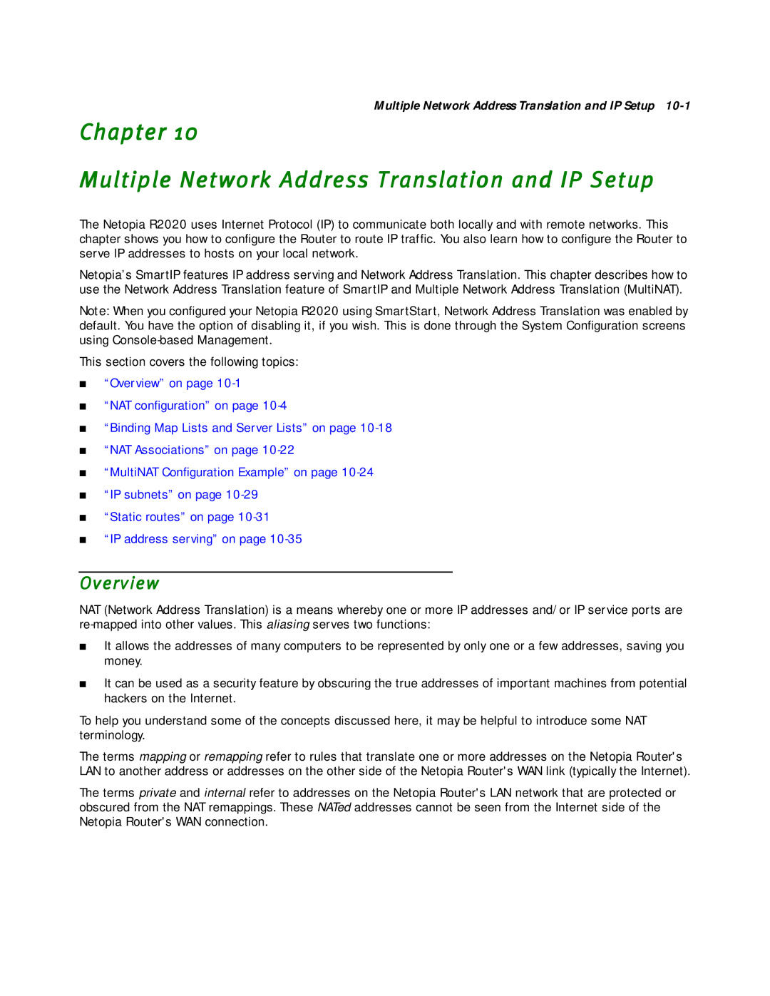 Netopia R2020 manual Chapter Multiple Network Address Translation and IP Setup, Overview 