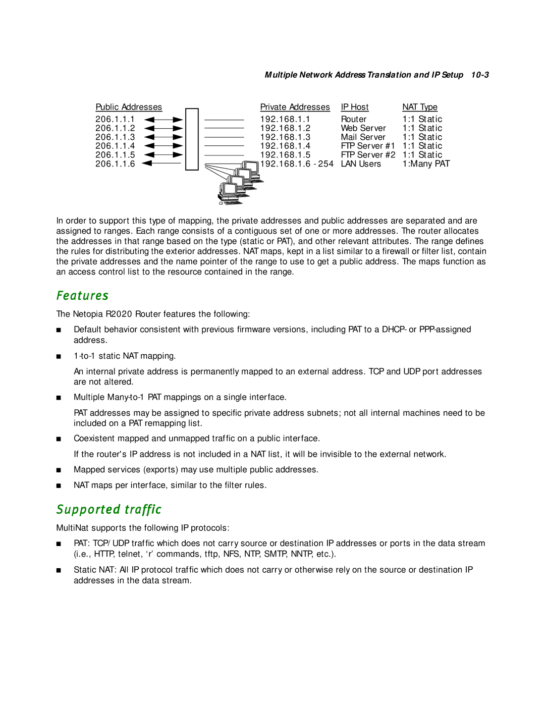 Netopia R2020 manual Features, Supported traffic 