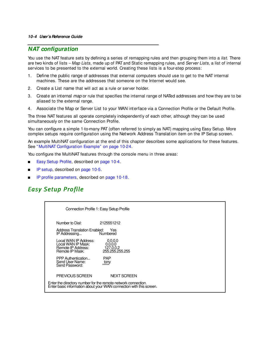 Netopia R2020 manual NAT conﬁguration, Easy Setup Profile 