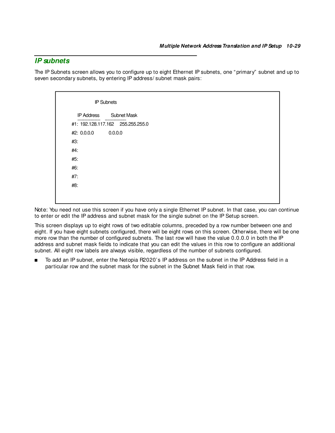 Netopia R2020 manual IP subnets 