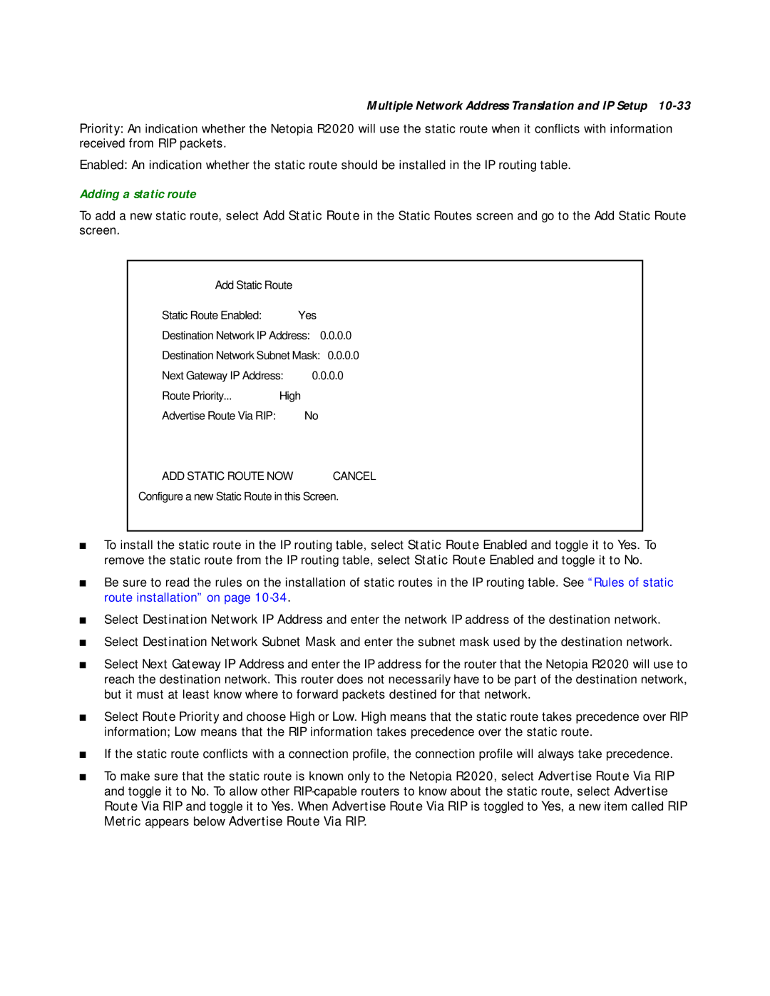 Netopia R2020 manual Adding a static route 