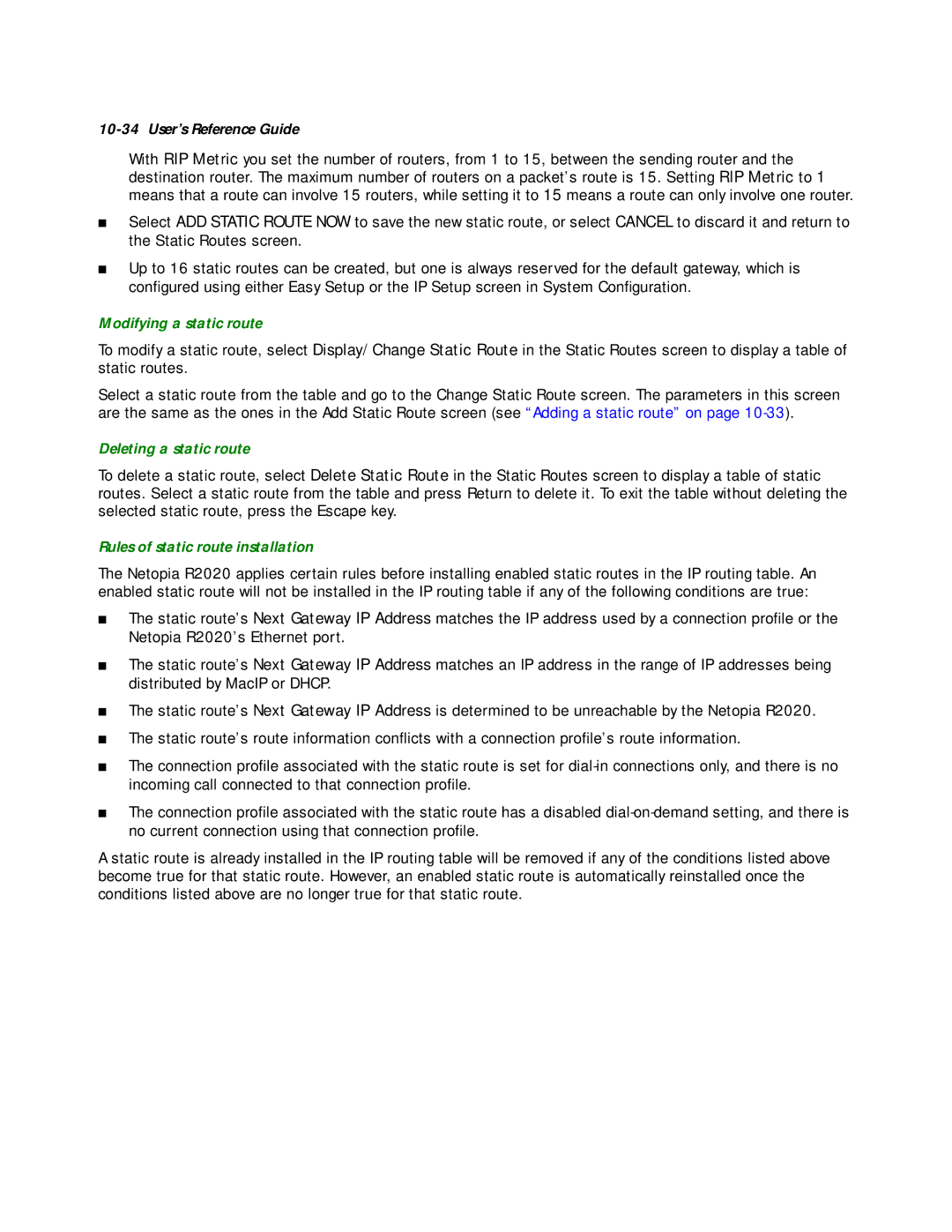 Netopia R2020 manual Modifying a static route, Deleting a static route, Rules of static route installation 