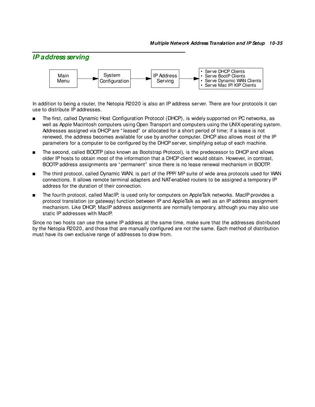 Netopia R2020 manual IP address serving, Main Menu System Configuration IP Address Serving 