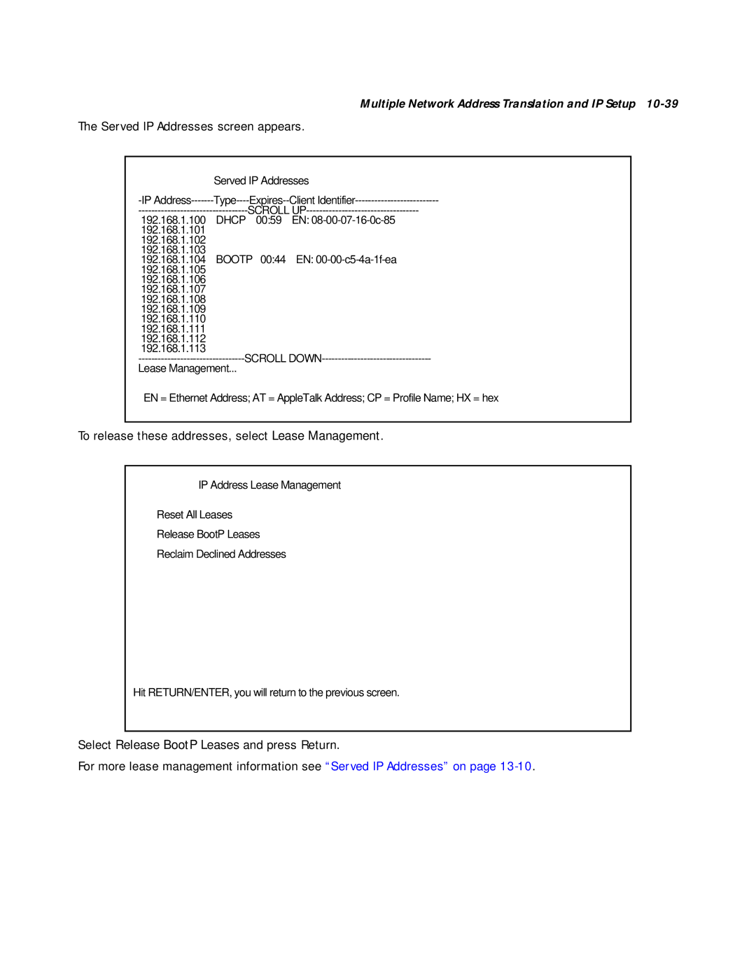 Netopia R2020 manual Served IP Addresses screen appears, To release these addresses, select Lease Management 