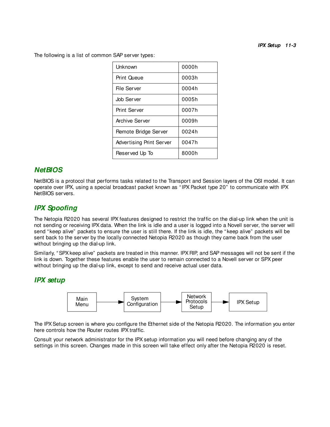 Netopia R2020 manual NetBIOS, IPX Spooﬁng, IPX setup 