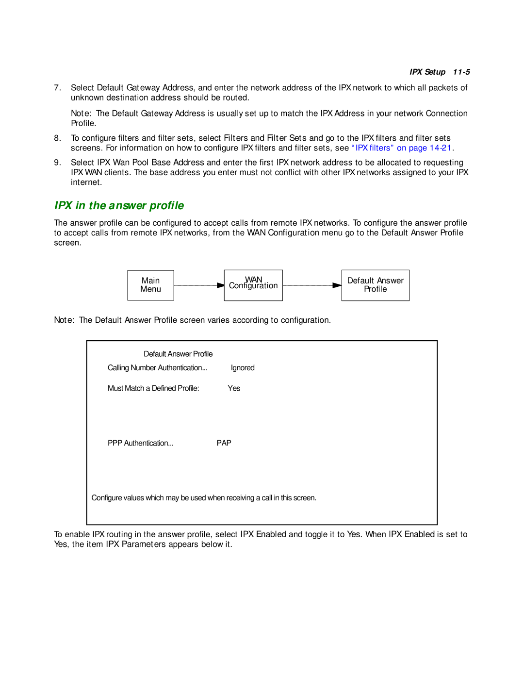 Netopia R2020 manual IPX in the answer proﬁle, Menu Configuration Default Answer Profile 