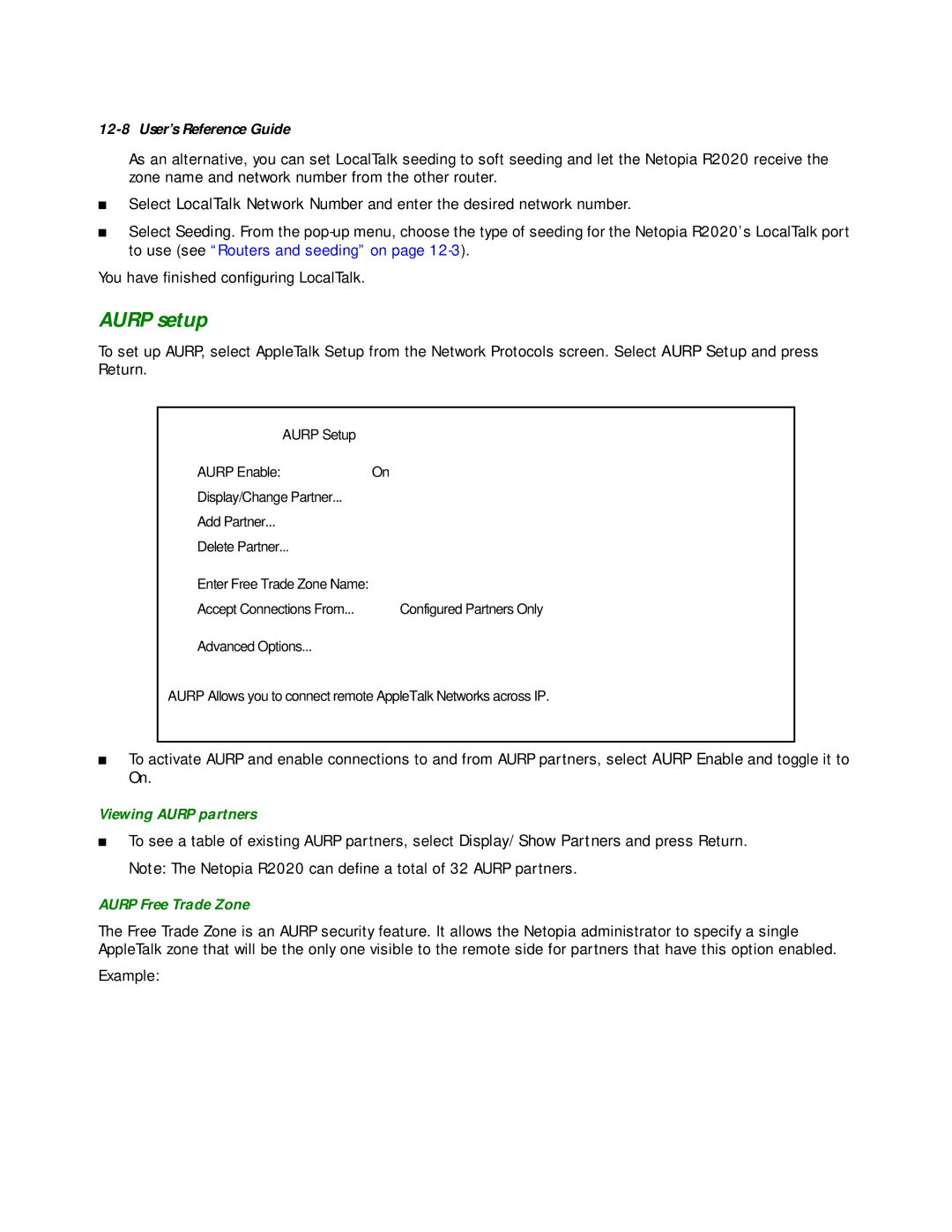 Netopia R2020 manual Aurp setup, Viewing Aurp partners, Aurp Free Trade Zone 