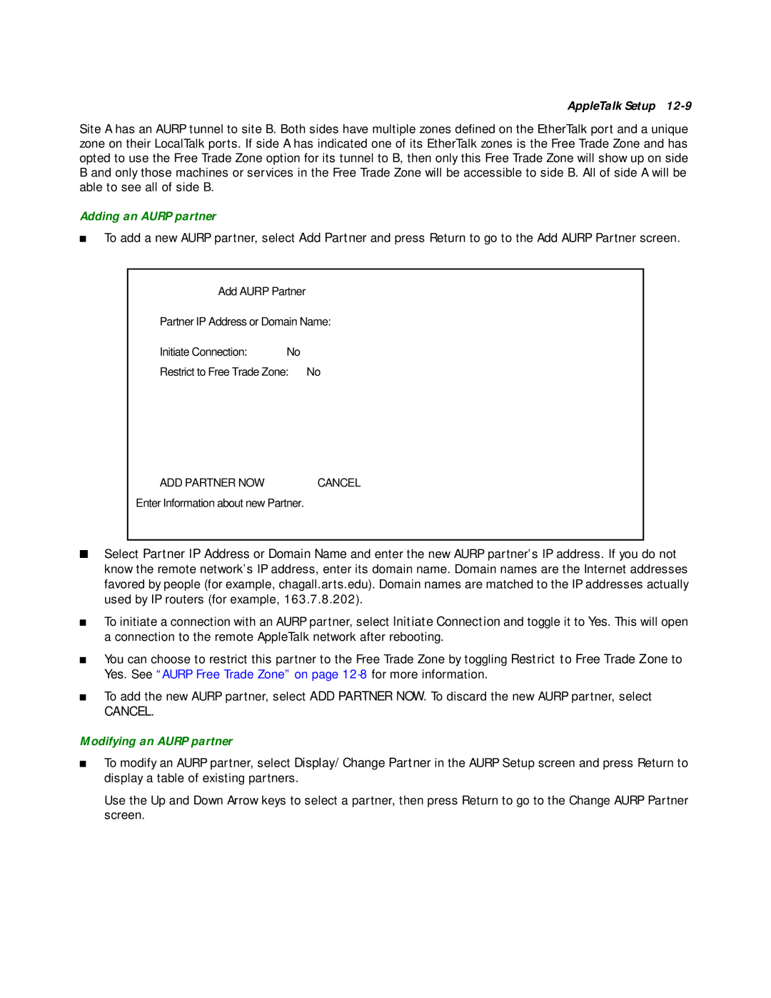 Netopia R2020 manual Adding an Aurp partner, Modifying an Aurp partner 