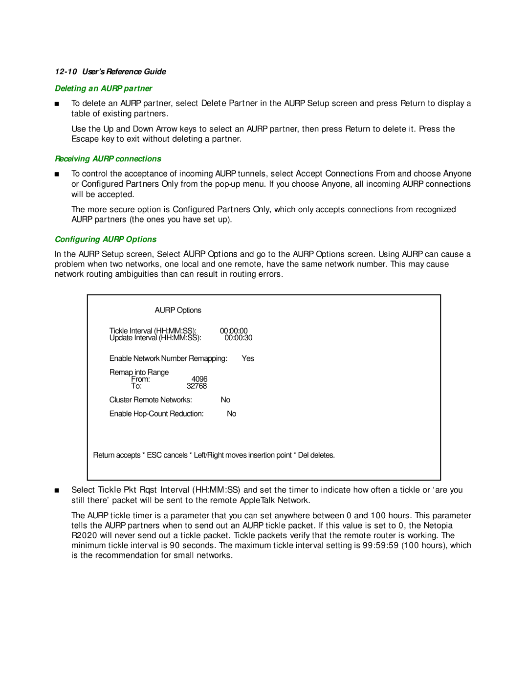 Netopia R2020 manual Deleting an Aurp partner, Receiving Aurp connections, Conﬁguring Aurp Options 