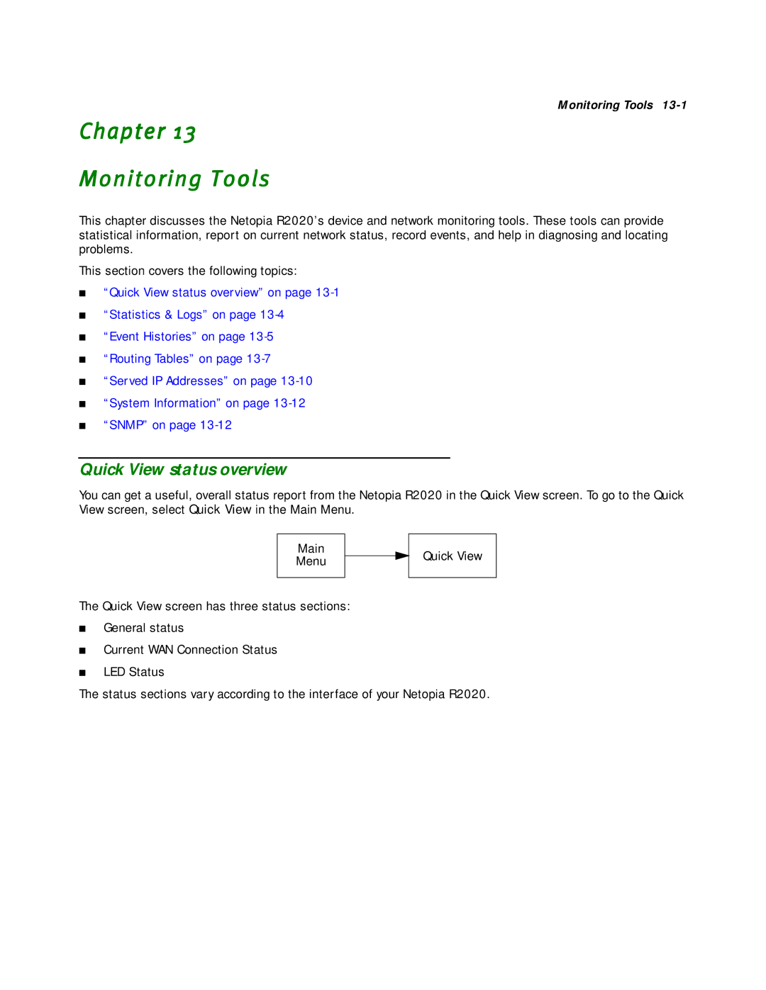 Netopia R2020 manual Chapter Monitoring Tools, Quick View status overview 