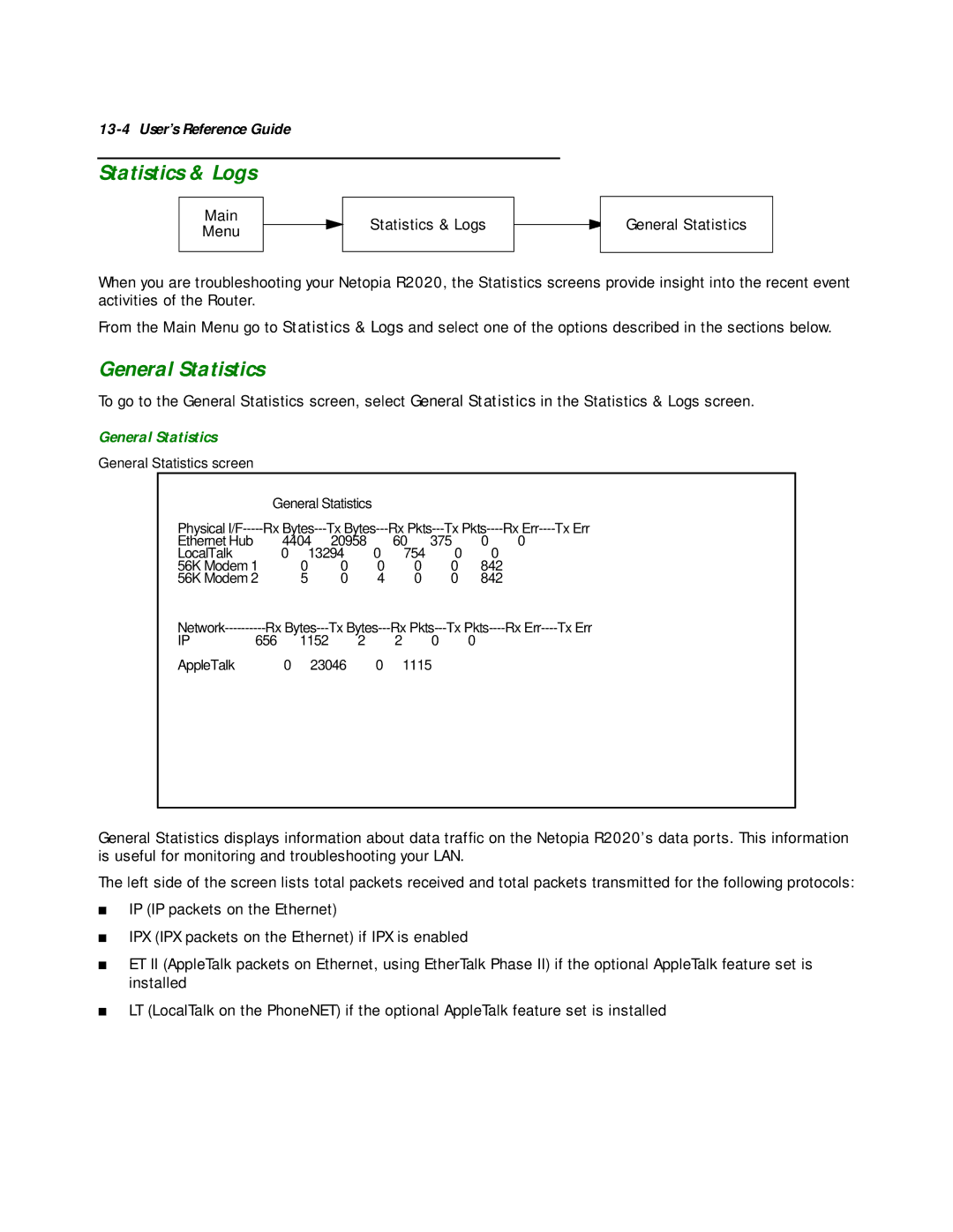 Netopia R2020 manual Statistics & Logs, General Statistics 