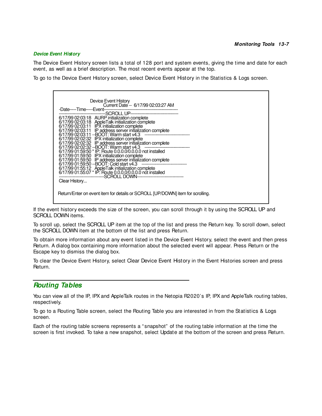 Netopia R2020 manual Routing Tables, Device Event History 