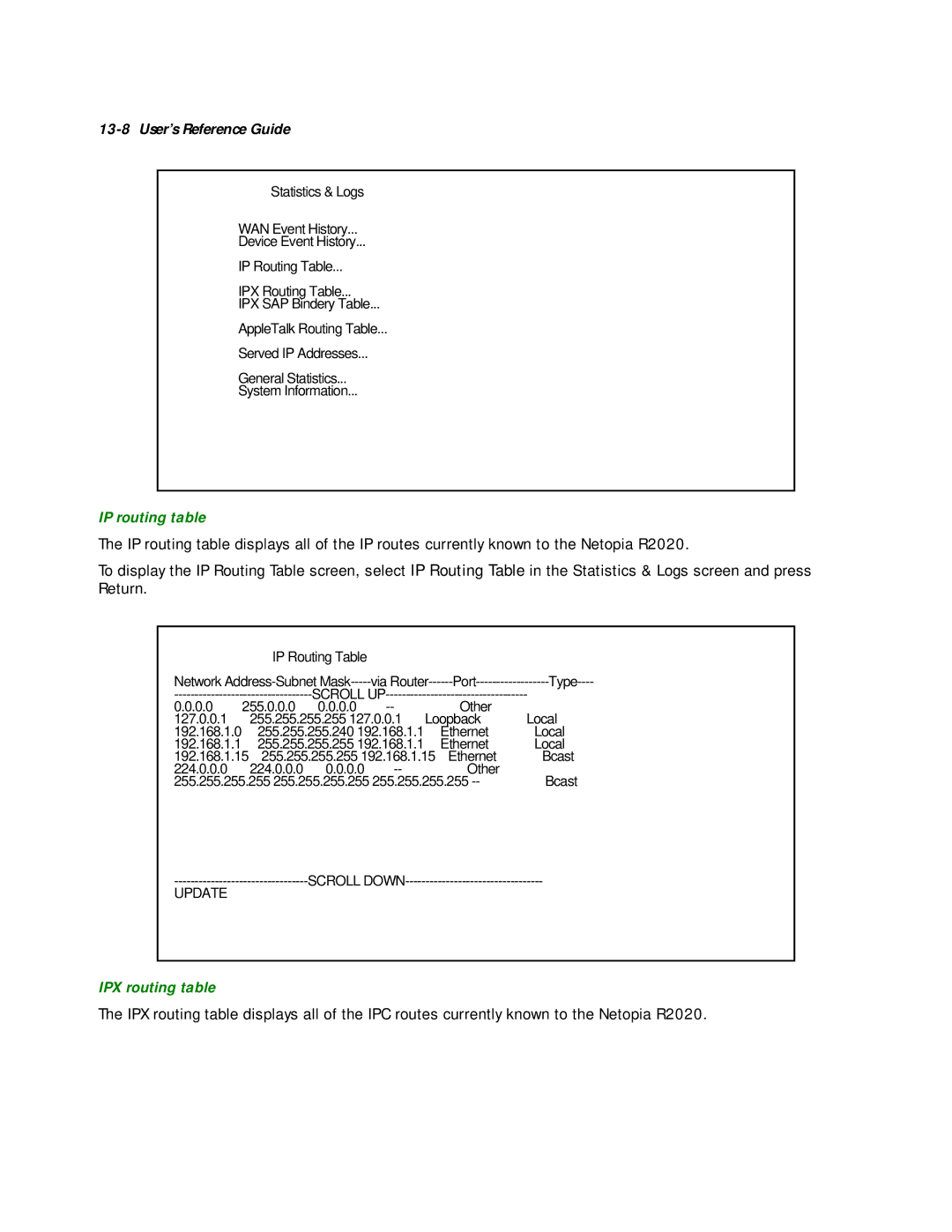 Netopia R2020 manual IP routing table, IPX routing table 