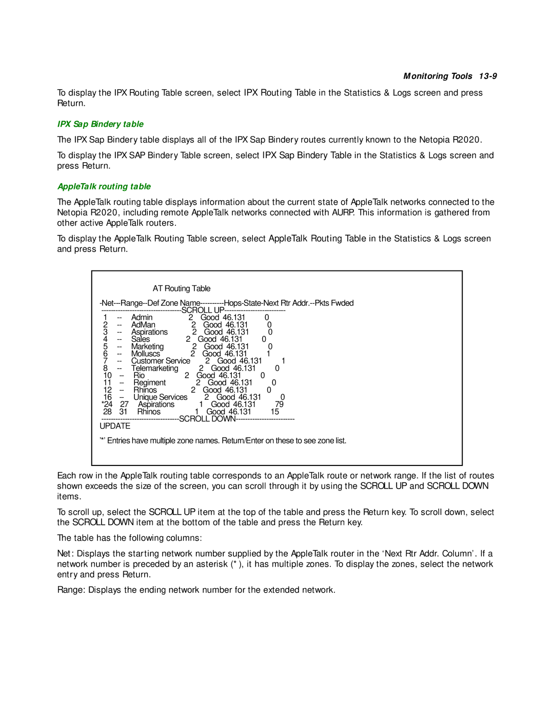 Netopia R2020 manual IPX Sap Bindery table, AppleTalk routing table 