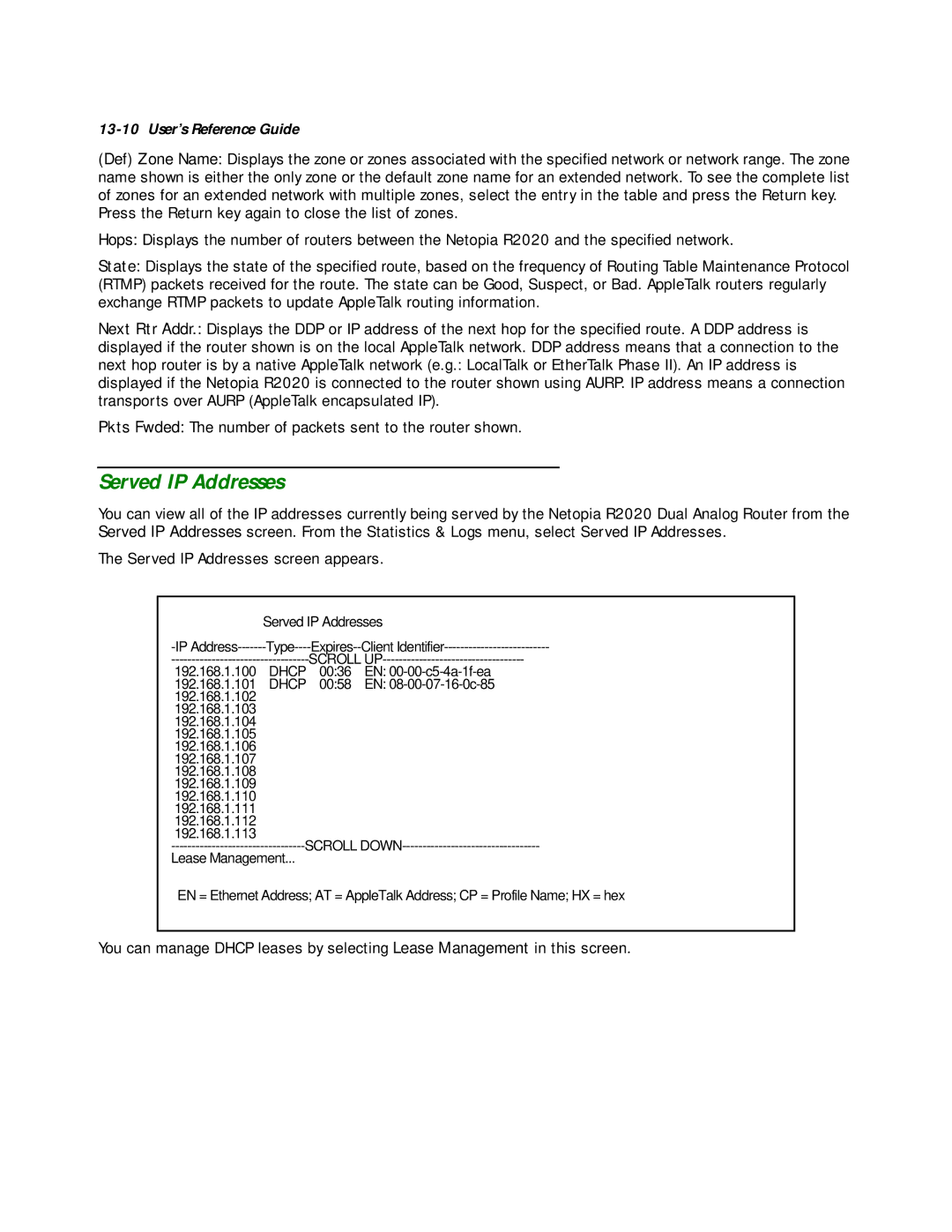 Netopia R2020 manual Served IP Addresses 