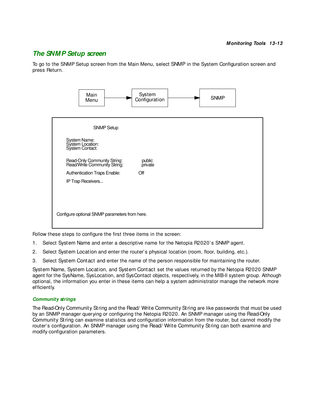 Netopia R2020 manual Snmp Setup screen, Community strings 