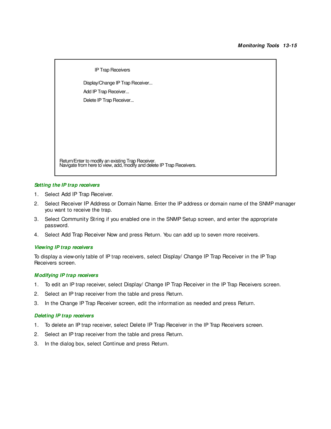 Netopia R2020 manual Setting the IP trap receivers, Viewing IP trap receivers, Modifying IP trap receivers 