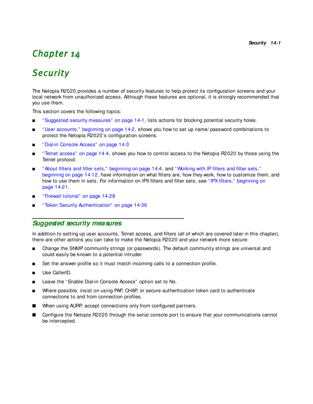 Netopia R2020 manual Chapter Security, Suggested security measures 