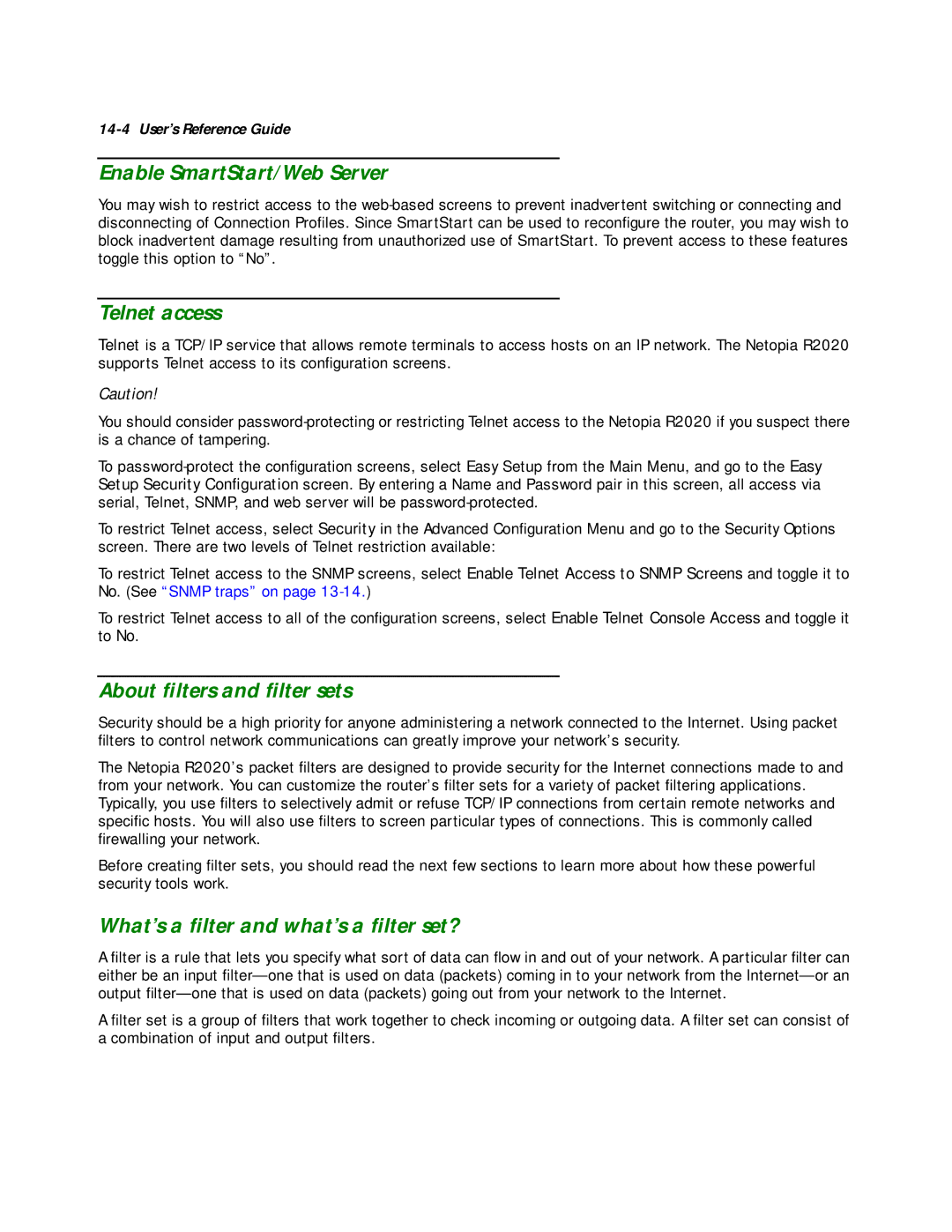 Netopia R2020 manual Enable SmartStart/Web Server, Telnet access, About ﬁlters and ﬁlter sets 