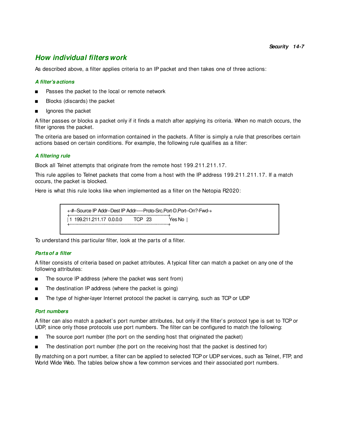 Netopia R2020 manual How individual ﬁlters work, ﬁlter’s actions, ﬁltering rule, Parts of a ﬁlter, Port numbers 